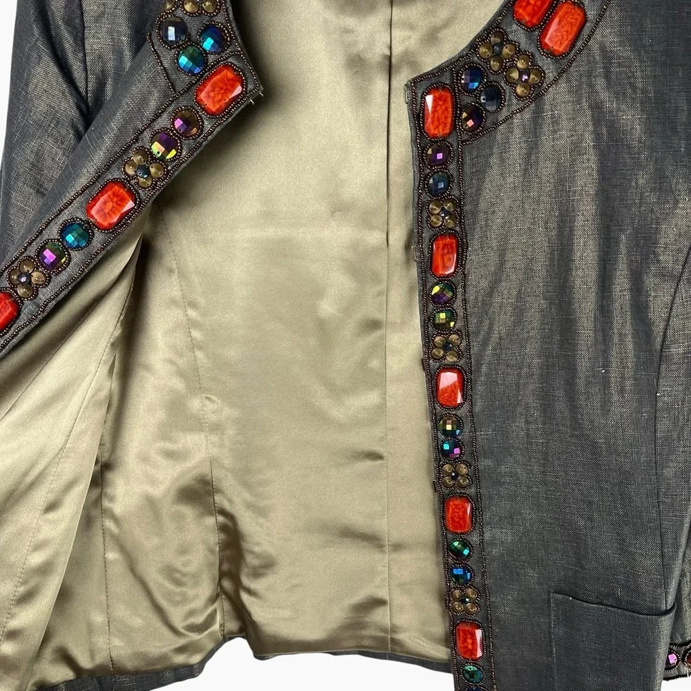 Boston Proper Linen Jacket 3/4‎ Sleeve Blazer Metallic Gold Brown Beaded Sz 10
